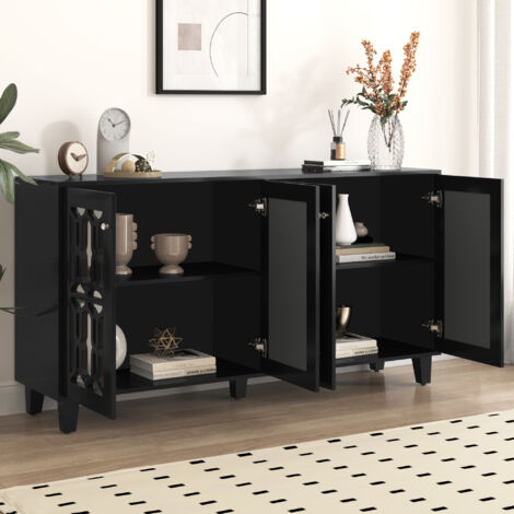 Aparador salon, laminado desenfundable, tiradores de cristal, Aparadores pasillo, MDF, negro - 4 puertas, 160x40x84cm