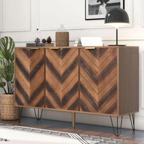 Aparador salon 120x38x76,5cm con 3 puertas, mueble de almacenaje, diseño veta madera, Aparadores pasillo, multiusos, tablero aglomerado, color natural (1/5)