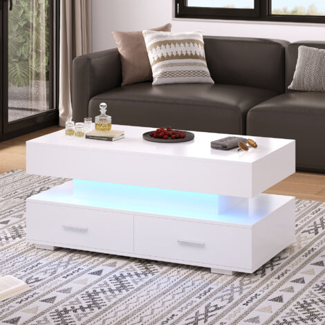 Mesas de centro elevables de 100 x 50 x 44 cm con 2 cajones y espacio de almacenamiento, armario de almacenamiento, mesa de centro, LED, tablero de partículas, blanco