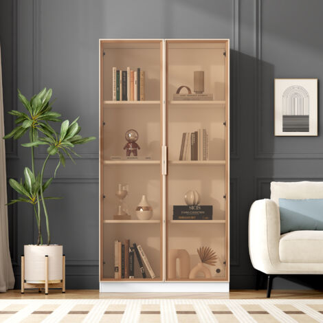Vitrina blanca LED 80x40x160cm con 2 puertas, estantes regulables, mueble alto de almacenaje, aglomerado y cristal marrón, blanco