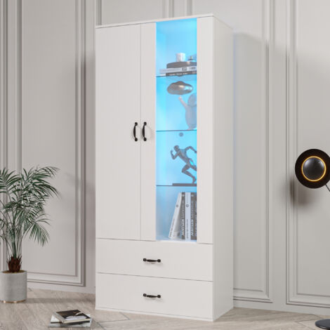 Vitrina alta 59,9x35x182cm con 2 puertas 2 cajones, estantes de cristal, LED, aparador,Vitrina baño, aglomerado, blanco (1/5)
