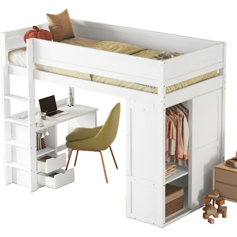 Cama alta de 90x200 cm con armario, escritorio con 2 cajones, camas infantiles, sin colchón, pino, blanco