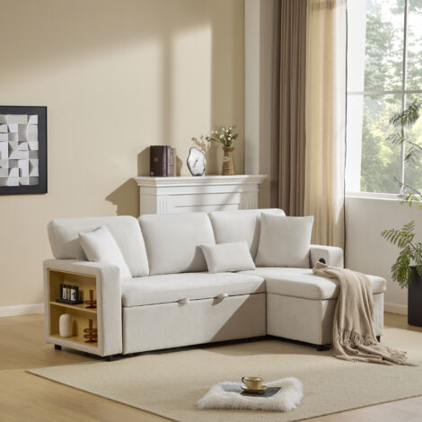 Sofa 4 plazas 214x131x87 cm con almacenaje, convertibles en sofás camas, tela, beige