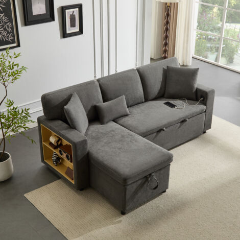 Sofa 4 plazas 214x131x87 cm con almacenaje, convertibles en sofás camas, tela, gris oscuro