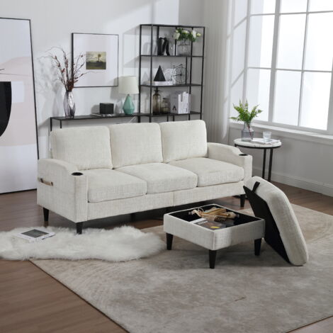 Sofa 3 plazas 196,5x75x77cm con reposapiés, tejido chenilla, con bolsillos de almacenaje, comodo sofa, beige