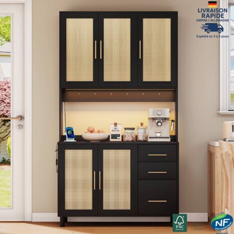 Aparador de cocina de 183 cm con iluminación LED decorativa controlada por app, 2 puertos USB, 2 enchufes y estantes ajustables - Negro