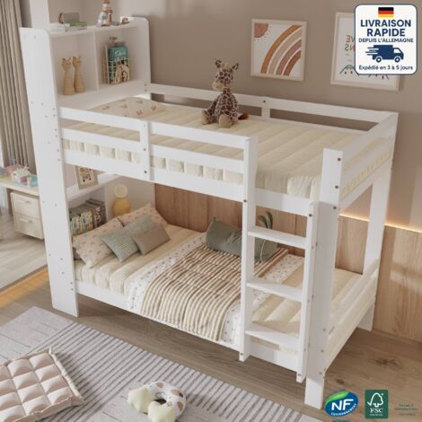 Litera 120x200 cm - Cama de metal - Mueble esquinero con escalera y espacio de almacenaje, con mesa y estantes, con armario abierto, color negro