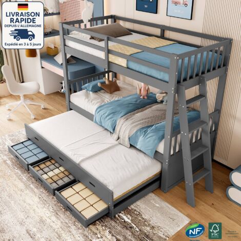 Litera 90x200 cm, Estructura modular, Incluye cama nido, escalera y 3 cajones - Madera certificada PEFC - Colchón no incluido - Gris