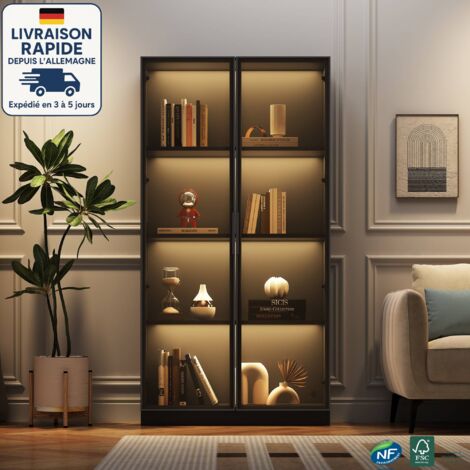 Vitrina de cristal - 160 cm - LED controlado por app - Madera con certificación PEFC - Con estante extraíble - 2 puertas