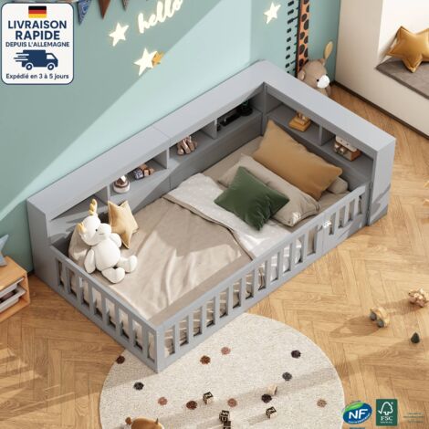 Cama alta infantil 90 x 200 cm - con somier y laterales - Con numerosos compartimentos de almacenaje - Con enchufe y puerto USB - Madera con certificación PEFC - Gris