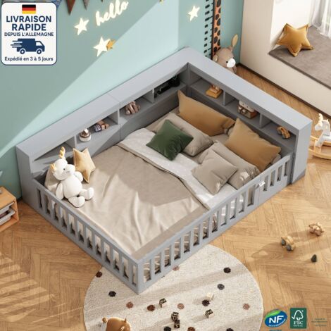 Cama alta infantil 140 x 190 cm - con somier y laterales - Con numerosos compartimentos de almacenaje - Con enchufe y puerto USB - Madera con certificación PEFC - Gris