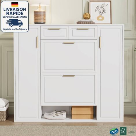 Zapatero - Mueble de recibidor - Contemporáneo - Múltiples espacios de almacenaje - Ancho 120 cm, Fondo 24 cm, Alto 107 cm - Blanco