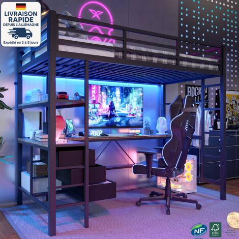 Cama alta de 90 x 200 cm - Metal - Estilo industrial - Con luz LED, escritorio, enchufe + USB, 3 cajones, estante - Negro