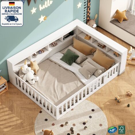 Cama alta infantil 140 x 190 cm - con somier y laterales - Con numerosos compartimentos de almacenaje - Con enchufe y puerto USB - Madera con certificación PEFC - Blanco