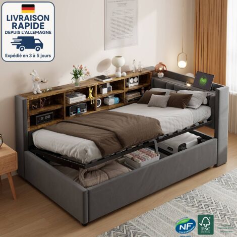 Cama canapé 140x200 cm - Cama 140x200 cm - Sofá cama - Incluye luz de noche - Puertos de carga USB y Tipo C - Estantes y compartimentos de almacenaje - Cabecero acolchado - Terciopelo - Gris oscuro (1/5)