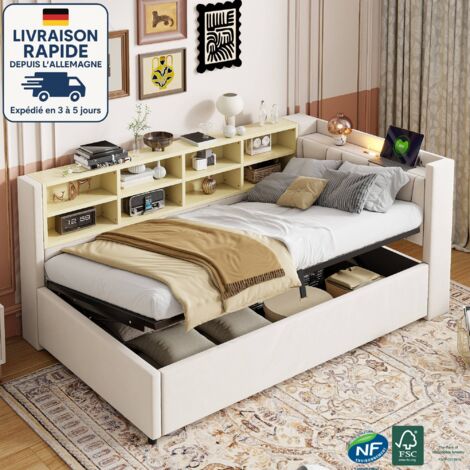 Cama Canapé 90x200 cm - Cama de 90x200 cm - Sofá Cama - Incluye Luz de Noche - Puertos de Carga USB y Tipo C - Estantes y Compartimentos - Cabecero Acolchado - Terciopelo - Beige