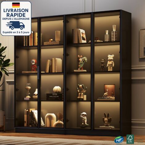 Vitrina de cristal - 160 cm - LED controlado por app - Madera con certificación PEFC - Estante extraíble - 4 puertas