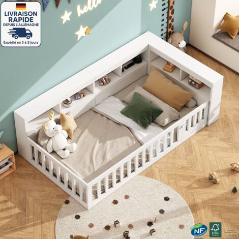 Cama alta infantil 90 x 200 cm - con somier y laterales - Con numerosos compartimentos de almacenaje - Con enchufe y puerto USB - Madera con certificación PEFC - Blanco