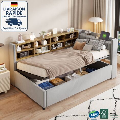 Cama canapé 90x200 cm - Cama de 90x200 cm - Sofá cama - Incluye luz de noche - Puertos de carga USB y Tipo C - Estantes y compartimentos de almacenaje - Cabecero acolchado - Terciopelo - gris claro