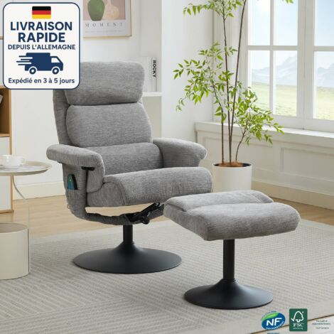 Sillón relax - Con función de masaje de 5 puntos - Ergonómico - Con función de calefacción eléctrica - Giratorio 360° - Chenilla - Gris