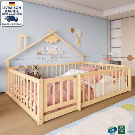Cama alta infantil 140 x 190 cm - con somier y laterales - Lateral con cerradura - Madera con certificación PEFC - Estilo sencillo - Color natural