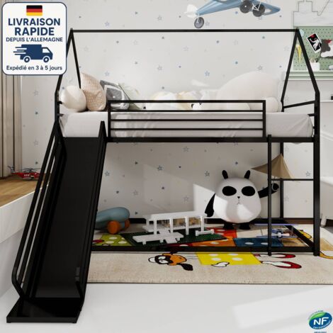 Cama alta de metal de 90 x 190 cm - Estructura de cama con forma de casa y tobogán, ideal para dormitorio infantil - Fácil montaje - Color negro