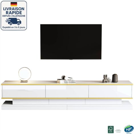 Mueble de TV de 200 cm - Con incrustaciones doradas - 3 cajones - Ideal para una sala de estar de lujo o un dormitorio principal - Superficie brillante fácil de limpiar - Blanco