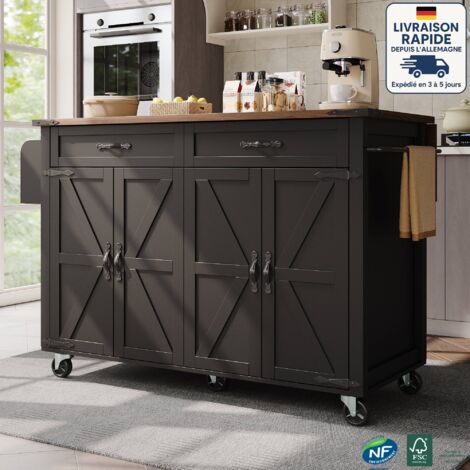 Carrito de cocina con ruedas - Isla de cocina - Con mesa retráctil - 4 puertas correderas y 2 cajones - Escandinavo - Madera con certificación PEFC - Negro (1/5)