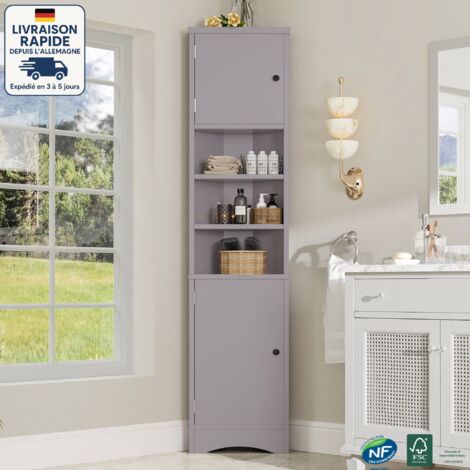 Mueble de baño 36,5 x 24,5 x 170cm - Columna - Mueble de baño triangular - Pintura resistente a la humedad - Compartimento de almacenaje abierto, puertas dobles, estantes regulables - gris