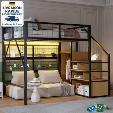 Cama alta 140x200 cm - Cama alta metálica multifuncional - Equipada con tira de luz LED controlada por APP - Escalera y armario abierto con espacio de almacenaje - Color negro