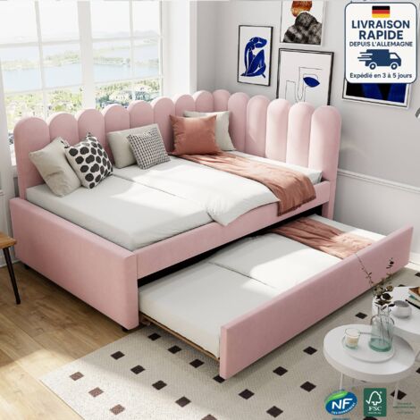 Cama nido 140x200cm - sofá cama tapizado extensible con somier de láminas, cama multifuncional de estilo moderno, terciopelo - rosa