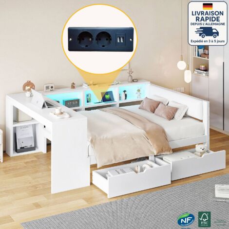 Cama con cajones 140x200CM - Cama plataforma de madera con almacenaje, cajones, estación de carga y cabecero tapizado con luces LED de colores, color blanco (1/5)