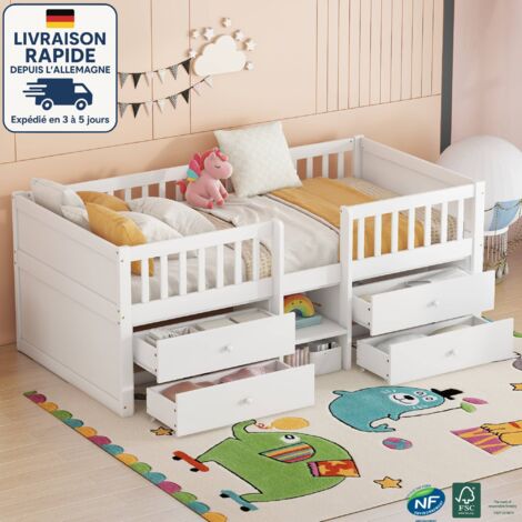 Litera 90x200cm, con 4 cajones, protección anticaídas, escalera, estructura de cama de pino, color blanco