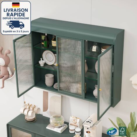 Vitrina de pared multifuncional de cristal 90 x 20 x 70 cm con 3 puertas y estantes de almacenamiento, verde oscuro