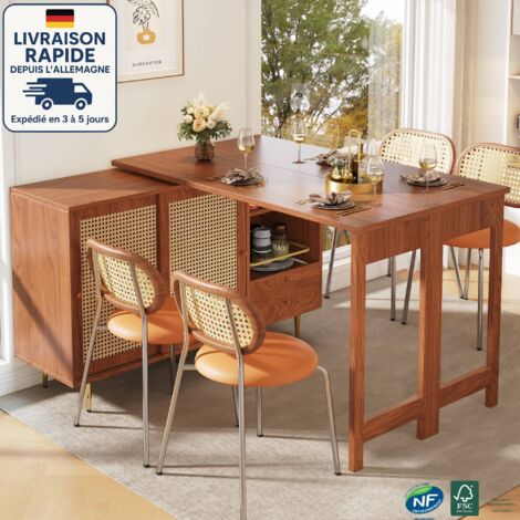 Mesa de bar extensible y giratoria de 360° con puerta de ratán y estante abierto, MDF, marrón (1/5)
