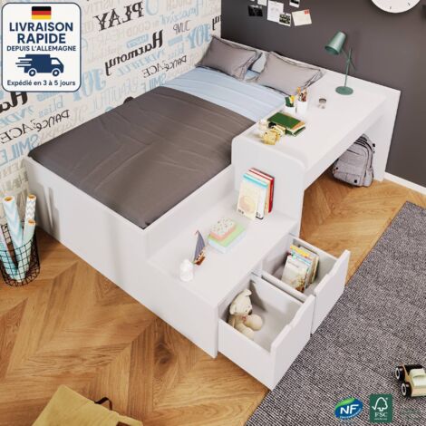Cama infantil 90x200cm, cama individual con cajones y escritorio, MDF, sin colchón, muebles de dormitorio, color blanco