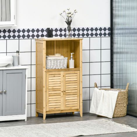 Mueble de baño MODFU, 50 x 25,5 x 92 cm, 2 puertas, compartimento de almacenaje abierto, bambú, color natural (1/5)