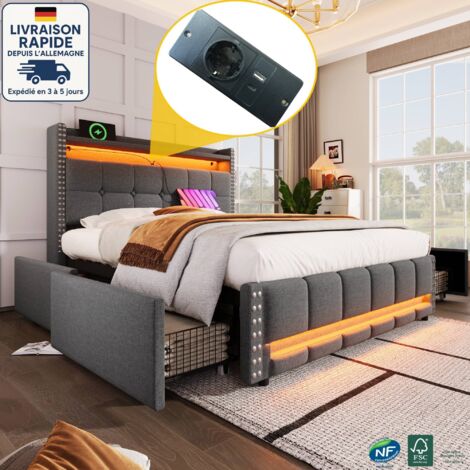 Cama adulto 140x200 cm con cabecero con balda de almacenaje y 4 cajones, con LED y USB, lona de lino, color gris (1/5)