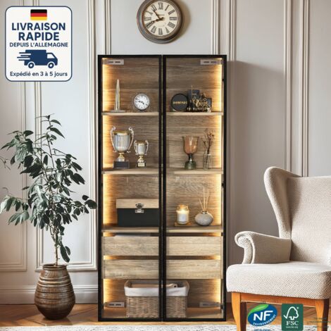 Vitrina, armario, librería con iluminación LED, 2 grandes cajones y 2 puertas, diseño funcional - ancho 73 cm.