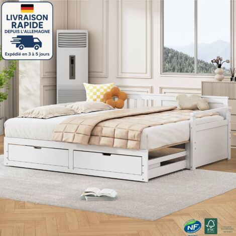 Camas nido 90 (180) x 190 cm para adultos/niños, 2 cajones, camas individuales/dobles, somier de láminas, madera, color blanco, sin colchón
