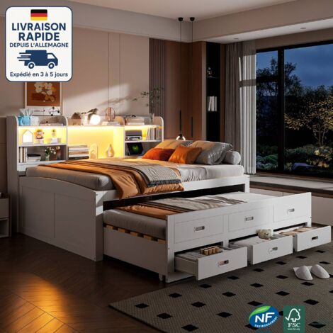 Cama nido 140x200 cm - Sofá cama de 2 plazas, diván multifuncional con mando a distancia LED, 3 cajones, mesita de noche integrada, cama nido con puertos USB y Tipo C, sin colchón, color blanco