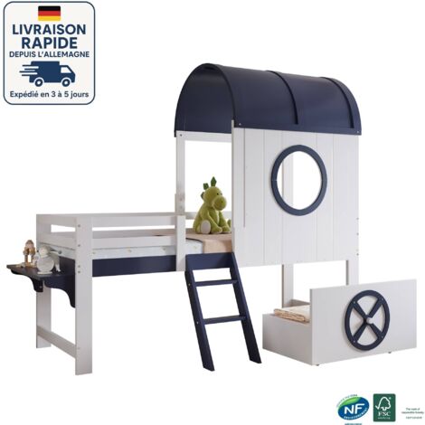 Cama alta infantil de madera 90x200 - Con techo y ventanas - Cajón inferior con ruedas - Paleta de colores de inspiración náutica en blanco y azul oscuro (1/5)
