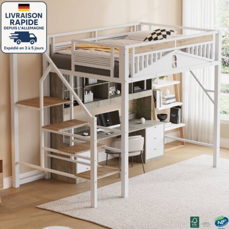 MODFU - Cama alta infantil de metal 140x200cm con escalera, somier de láminas, protección anticaídas, sin colchón, color blanco (1/5)