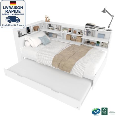 Cama nido 90x200cm+90x190cm - Espacio de almacenaje en L en la cabecera - Con toma de corriente - Con somier y cabecero - Madera con certificación PEFC - Blanco