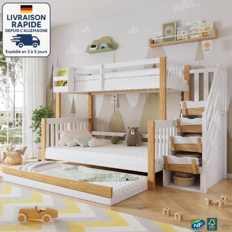 MODFU - Litera de madera 90/120×200cm, cama infantil de 3 plazas con escalera, somier de láminas, sin colchón, color blanco
