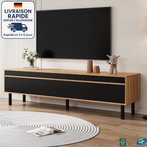 MODFU - Mueble de TV negro con 3 puertas, 5 patas, mueble de salón y dormitorio, 170×38×47cm, color negro + natural (1/5)
