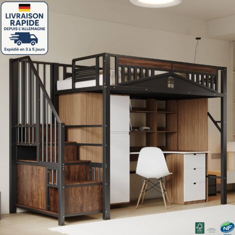 MODFU - Cama alta infantil de metal 90x200cm con 1 contenedor, sin colchón, anticaída, color negro