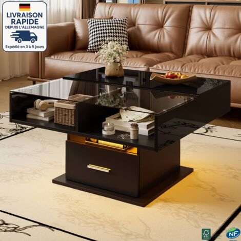 MODFU - Mesa de centro elevable con LED y espacio de almacenamiento, 1 cajón, mesa auxiliar para sofá, superficie brillante, 78×78×45 cm, color negro