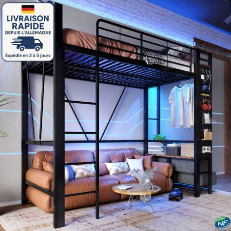 MODFU - Cama alta infantil metálica 90x200cm con LED, USB+tipo C, sin colchón, anticaída, con 4 cajones, color negro