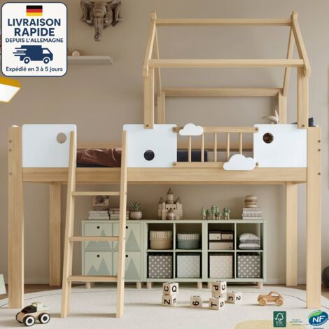 MODFU - Cama alta infantil de madera 90x200 cm, cama alta, diseño hogar, sin colchón, anticaída, color natural